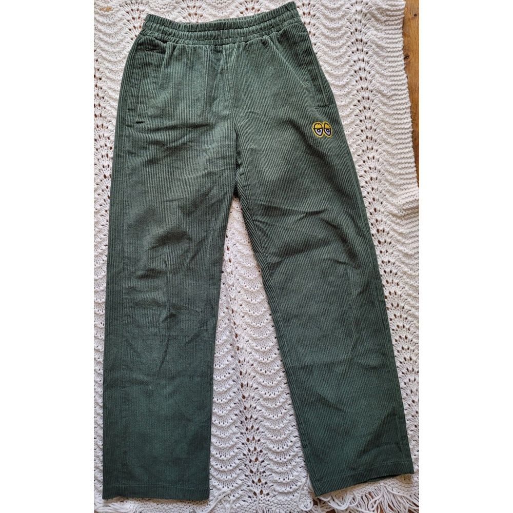 VTG Krooked Skateboard Corduroy Pants Small Green Embroidered Drawstring Waist